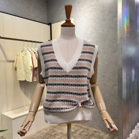 배색 패턴 V넥 베스트 니트