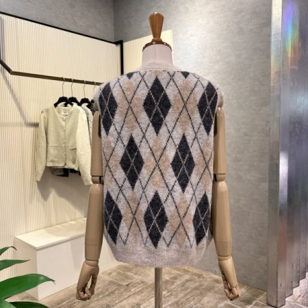 에이비에프지 패턴 브이넥 집업 니트 베스트