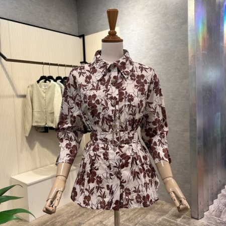 플라워 카라 벨트 셋업 블라우스