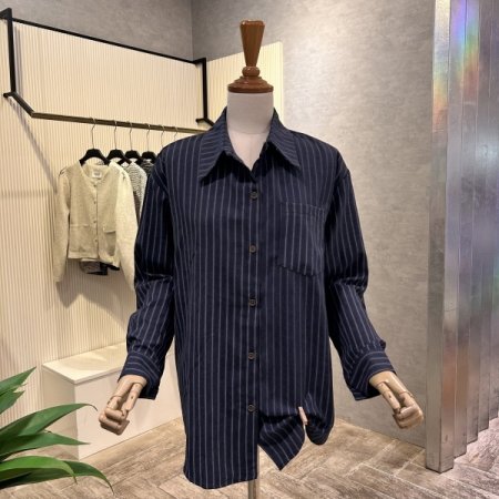 스트라이프 언발 카라 셔츠