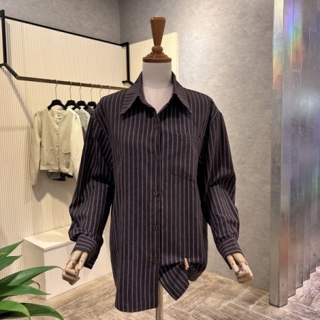 스트라이프 언발 카라 셔츠