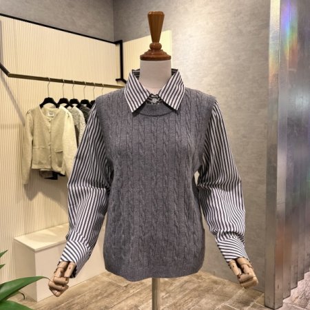 꽈베기 니트 배색 카라 셔츠