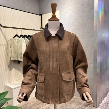 배색 카라 페이크 세무 재킷