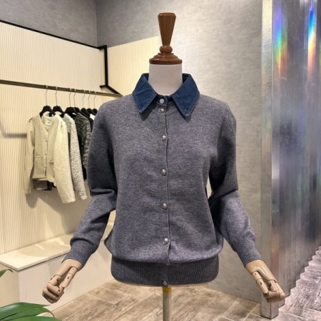 데님 카라 배색 니트 가디건