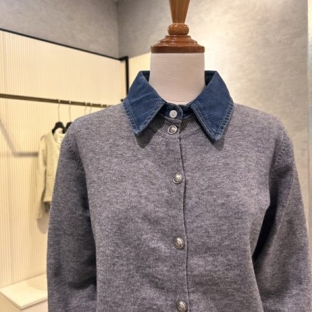 데님 카라 배색 니트 가디건