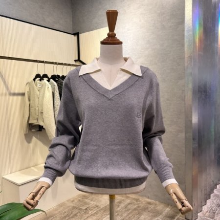 카라 배색 브이넥 니트