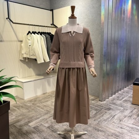 니트 배색 카라 롱 원피스