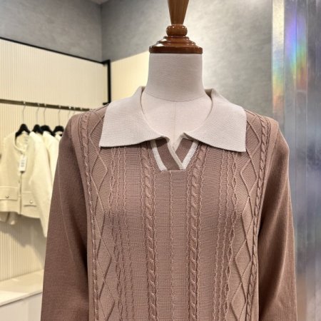 니트 배색 카라 롱 원피스