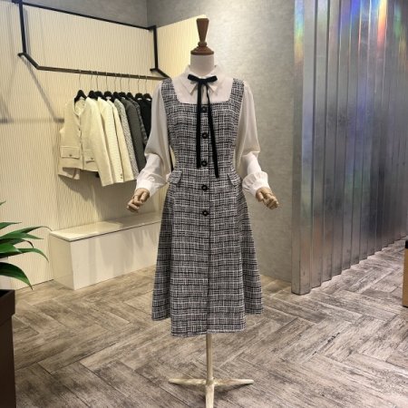 카라 소매 배색 트위드 원피스