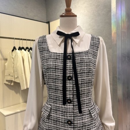 카라 소매 배색 트위드 원피스