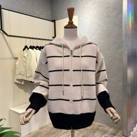 배색 라인 후드 가디건