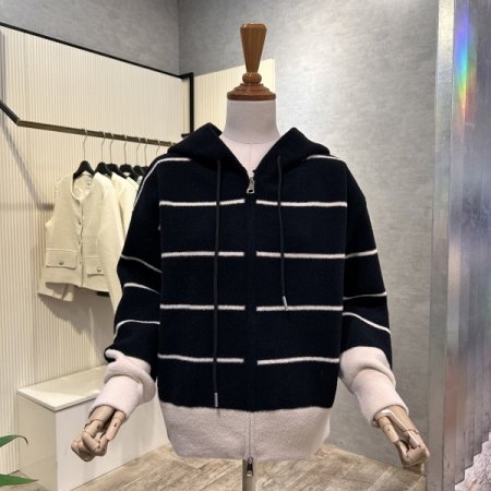 배색 라인 후드 가디건