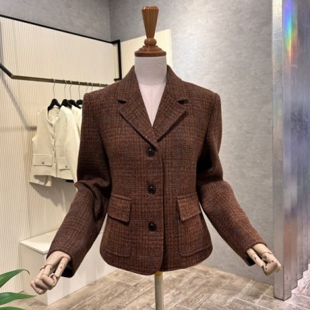 크롭 체크 아플리케 소매 모직 자켓