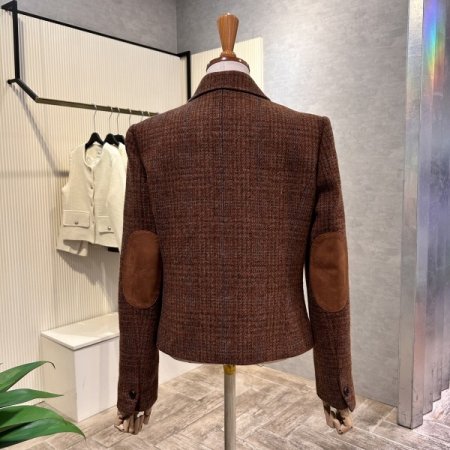 크롭 체크 아플리케 소매 모직 자켓