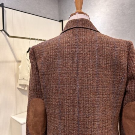 크롭 체크 아플리케 소매 모직 자켓