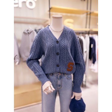 S가죽 패치 꽈배기 니트 가디건