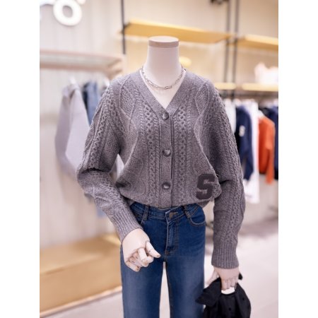 S가죽 패치 꽈배기 니트 가디건