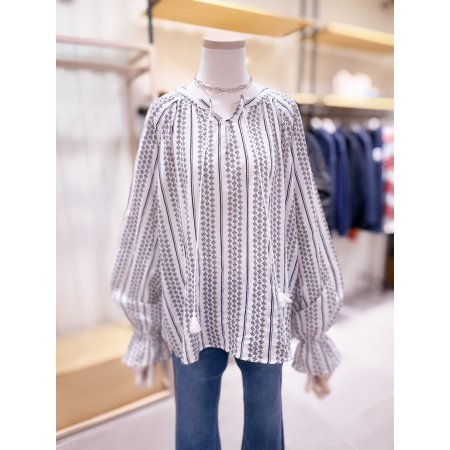 제원단 허리 밸트 패턴물 블라우스