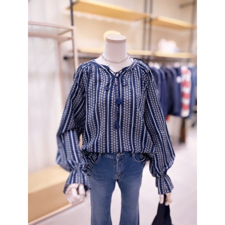 제원단 허리 밸트 패턴물 블라우스