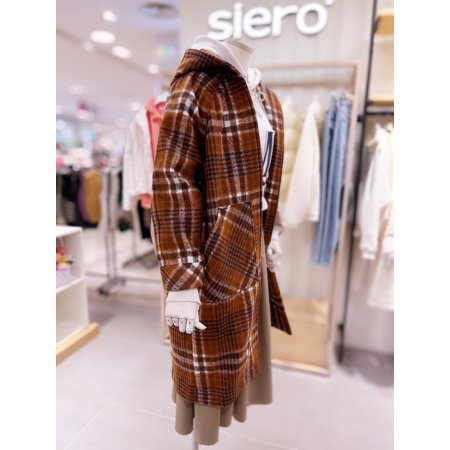 캥거루 포켓 체크 후드 롱 코트