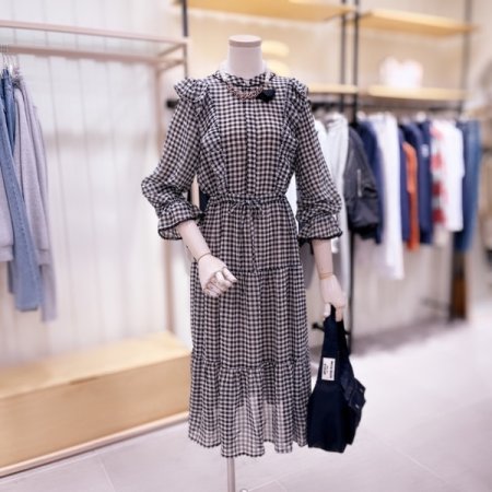 러프 레이스 테잎 체크 쉬폰 원피스