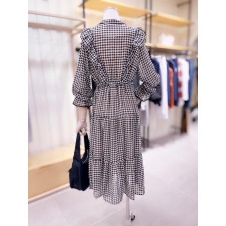 러프 레이스 테잎 체크 쉬폰 원피스