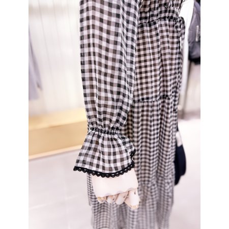 러프 레이스 테잎 체크 쉬폰 원피스