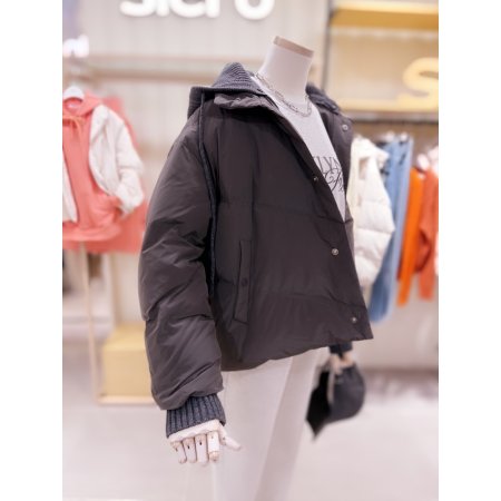 니트후드 크랍 사선 다운 점퍼