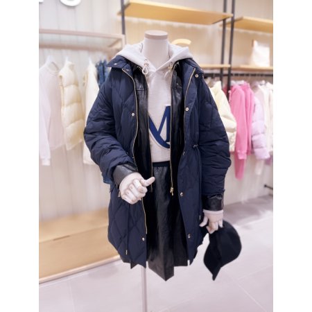 허리스트링 야상형 퀼팅 다운 롱 점퍼