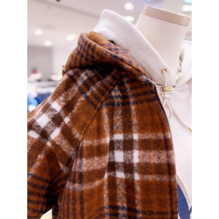 캥거루 포켓 체크 후드 코트