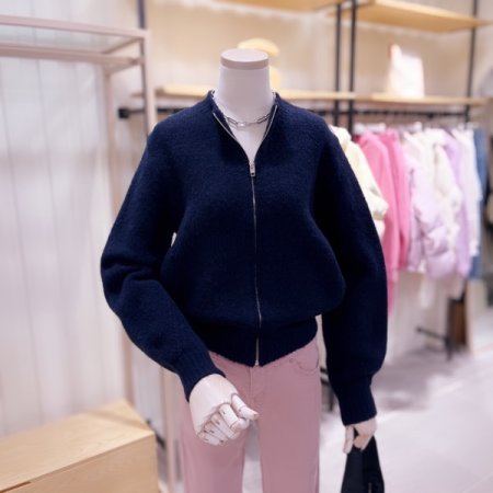 부클 라운드넥 니트 집업