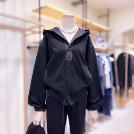 우븐배색 밑단스트링 후드 점퍼