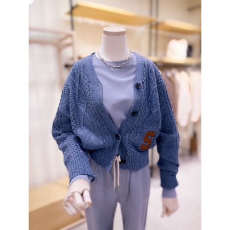 가죽 패치 꽈배기 니트 가디건