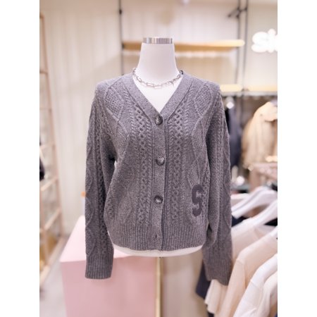 가죽 패치 꽈배기 니트 가디건