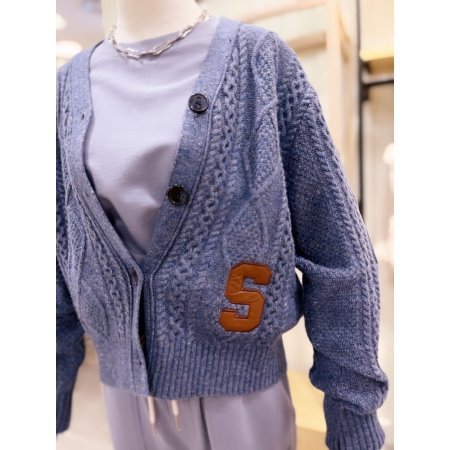 가죽 패치 꽈배기 니트 가디건