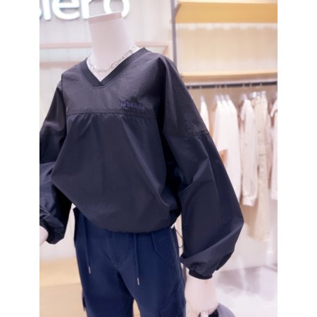 V넥 톤배색 홑겹 우븐 풀오버