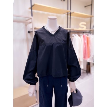 V넥 톤배색 홑겹 우븐 풀오버