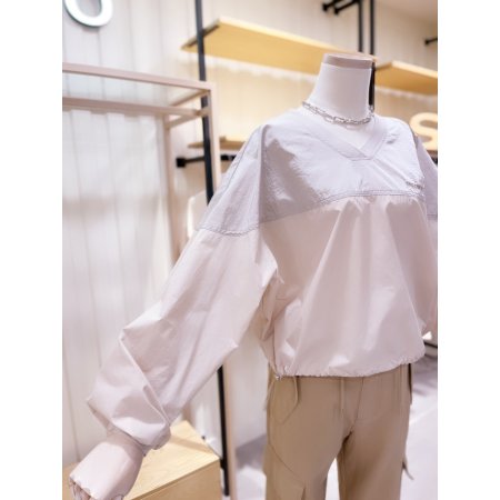 V넥 톤배색 홑겹 풀오버