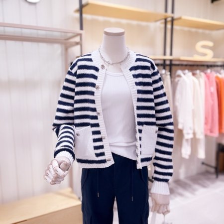 콤비배색 스트라이프 버튼 가디건
