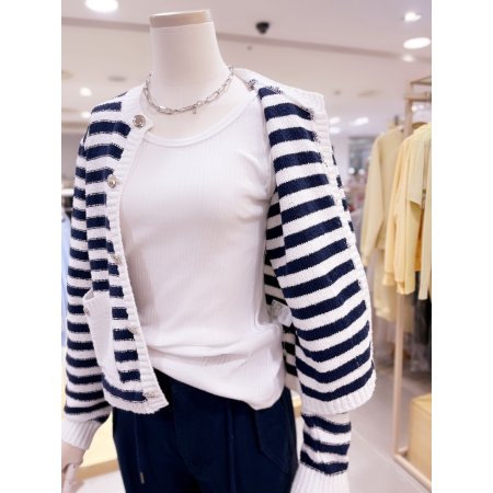 콤비배색 스트라이프 버튼 가디건