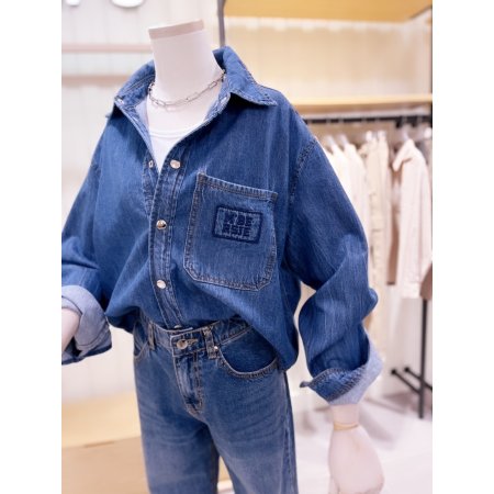 로고 자수 원포켓 크롭 데님 셔츠