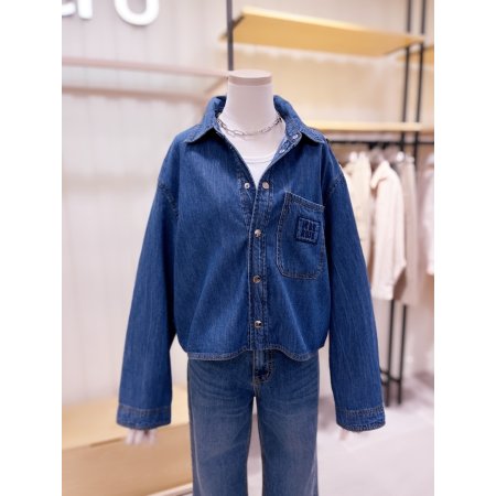 로고 자수 원포켓 크롭 데님 셔츠