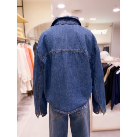 로고 자수 원포켓 크롭 데님 셔츠