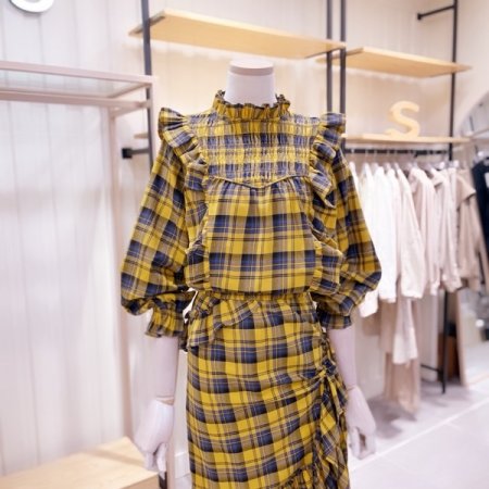 체크 두줄스모킹 프릴 블라우스