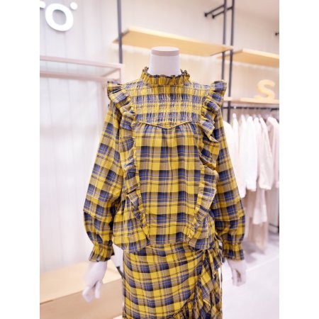 체크 두줄스모킹 프릴 블라우스