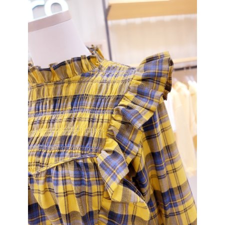 체크 두줄스모킹 프릴 블라우스