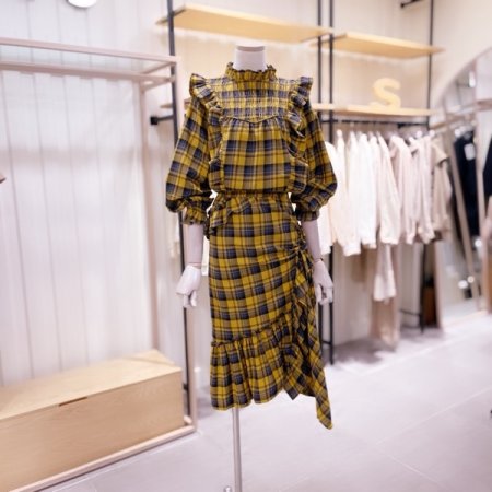 체크 스트링 장식 프릴 스커트