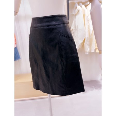 인조가죽 A라인 미디엄 스커트