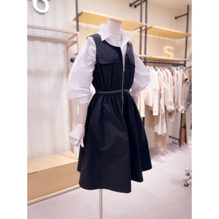 허리 로고밴딩 지퍼여밈 V넥 원피스	