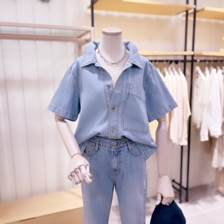 포켓 포인트 연청 데님 반팔 셔츠